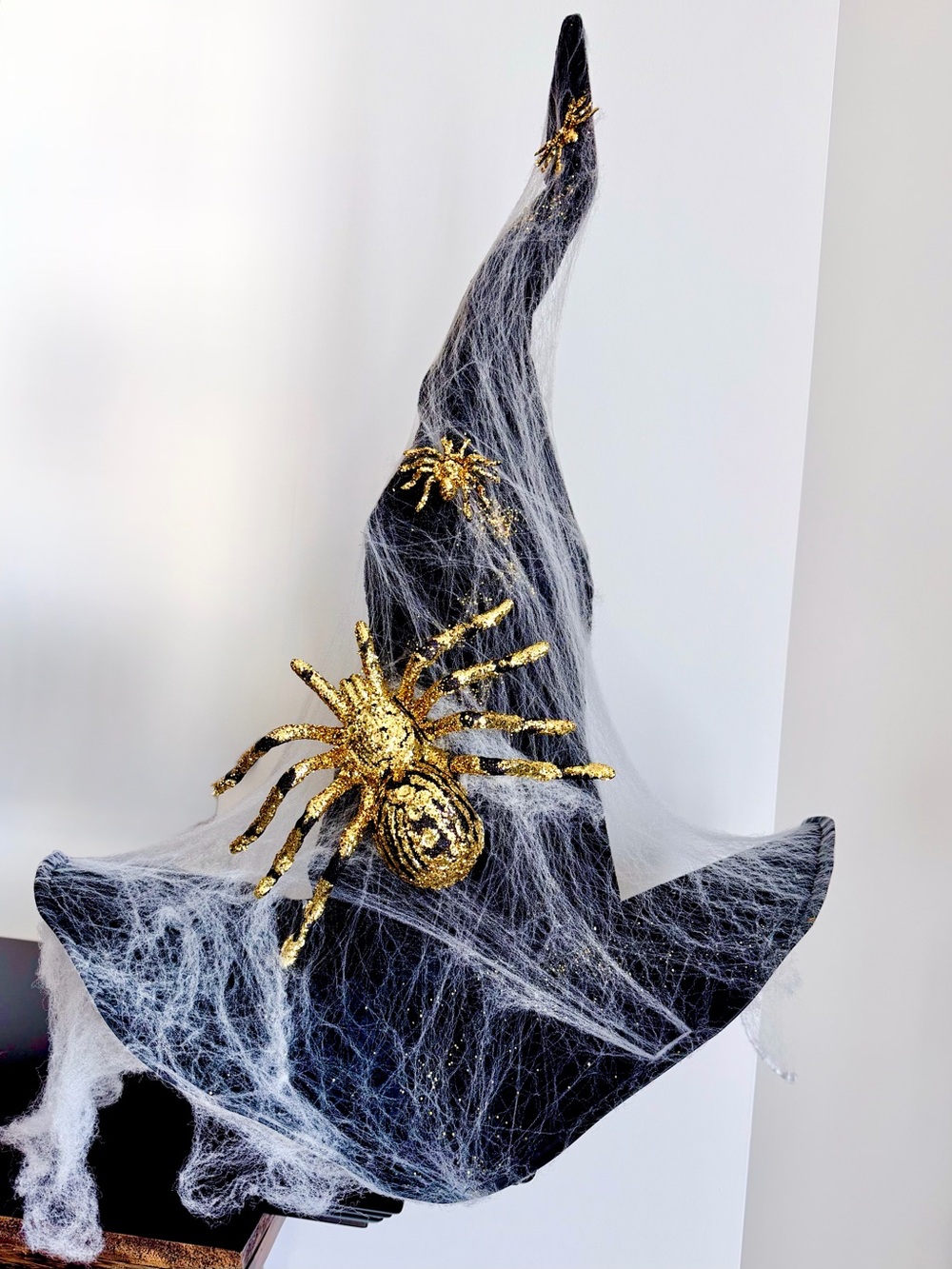 Black Witch Hat large poseable wired velvet with Gold Spider cobwebs Halloween